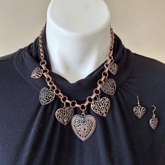 Necklace Earring Set Heart Statement Jewelry Adjustable Copper Beauty Accessory - Picture 1 of 11